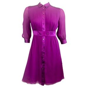 CATHERINE MALANDRINO Plum Purple Micro-Pleated Silk Belted Button Up Shirt Dress